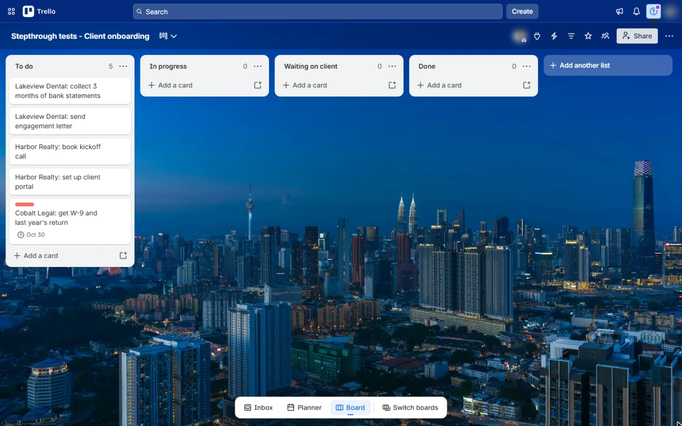 Trello board with the Cobalt Legal card showing a red label and Oct 30 due date