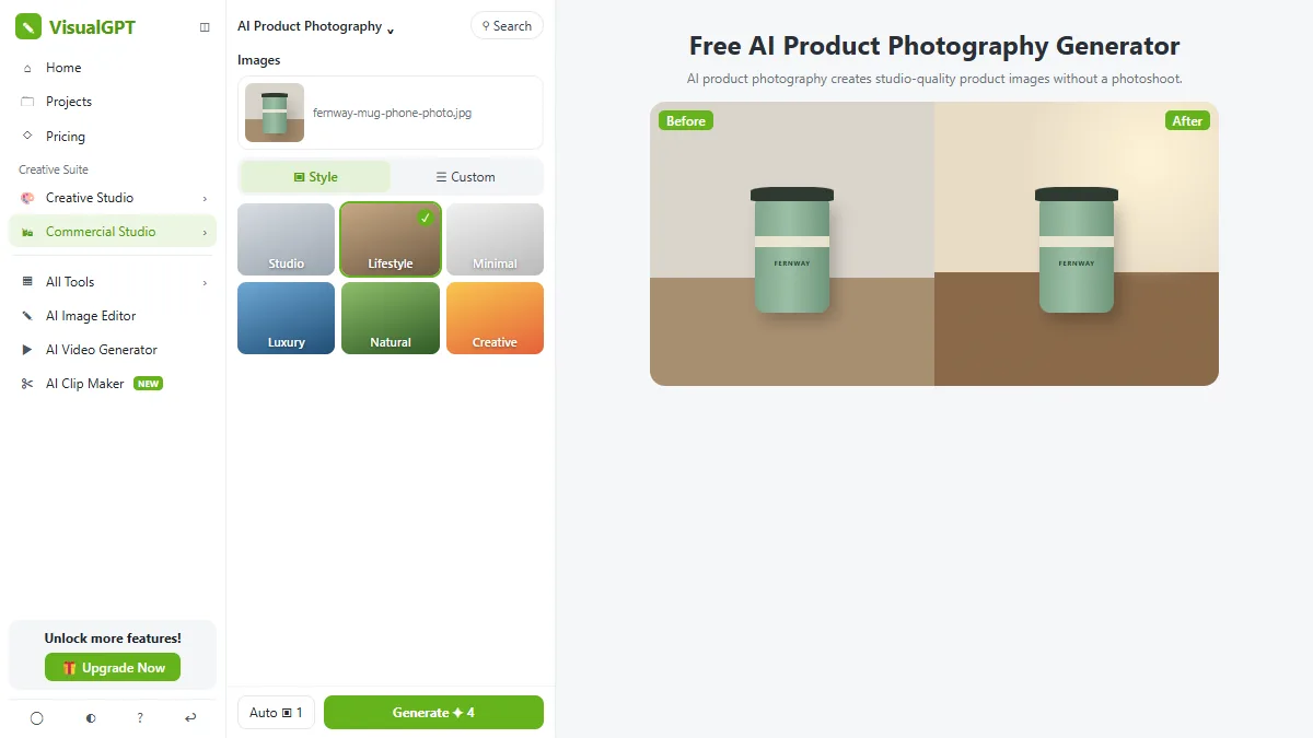 VisualGPT AI Product Photography with an uploaded phone photo of a mug and the Lifestyle style preset selected, next to Generate with its credit cost