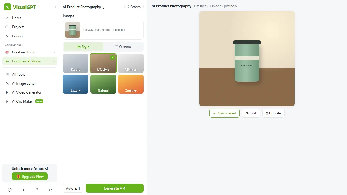 The generated lifestyle product shot of the travel mug with Download, Edit and Upscale buttons
