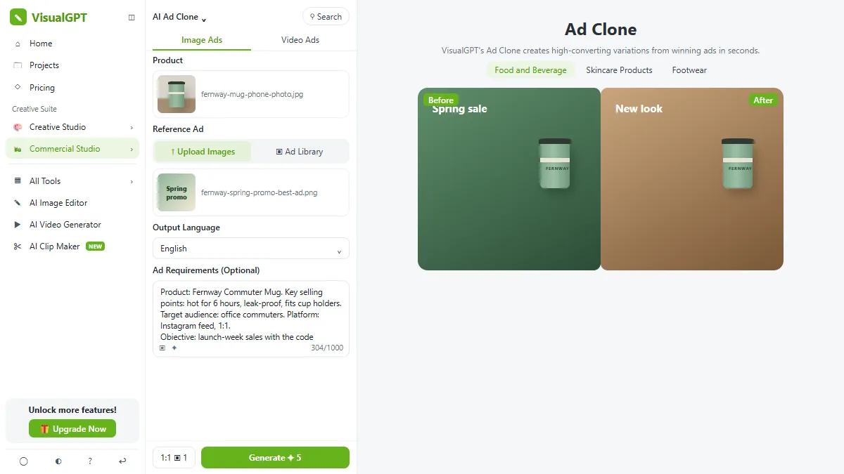 VisualGPT AI Ad Clone with the product photo, the company's own spring promo ad as the reference and pasted ad requirements