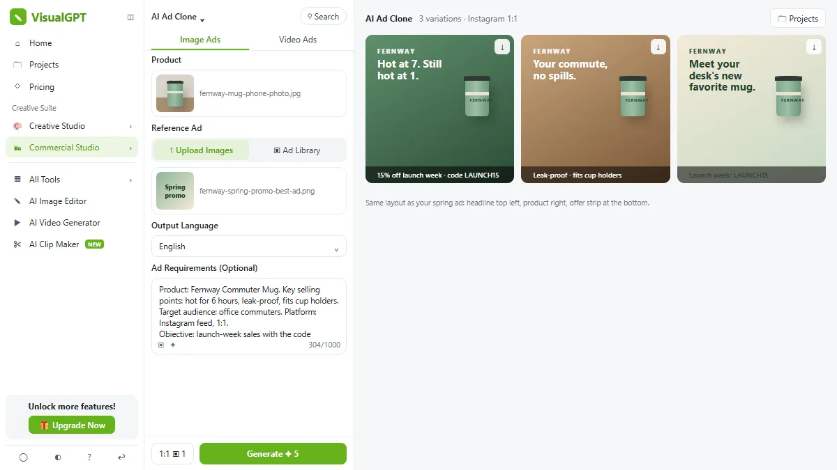Three Instagram launch ad variations for the travel mug in the same layout as the reference ad, each with the launch code
