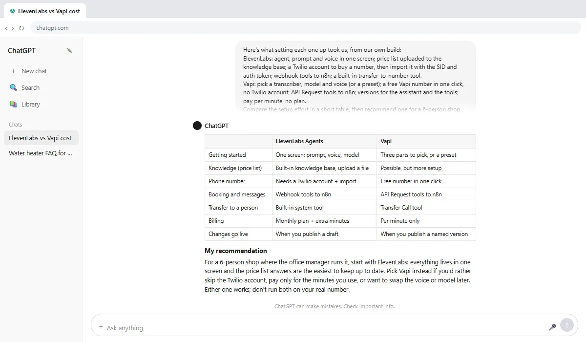 A ChatGPT table comparing ElevenLabs and Vapi setup effort, from the knowledge base and phone number to tools, transfers and billing, with a recommendation