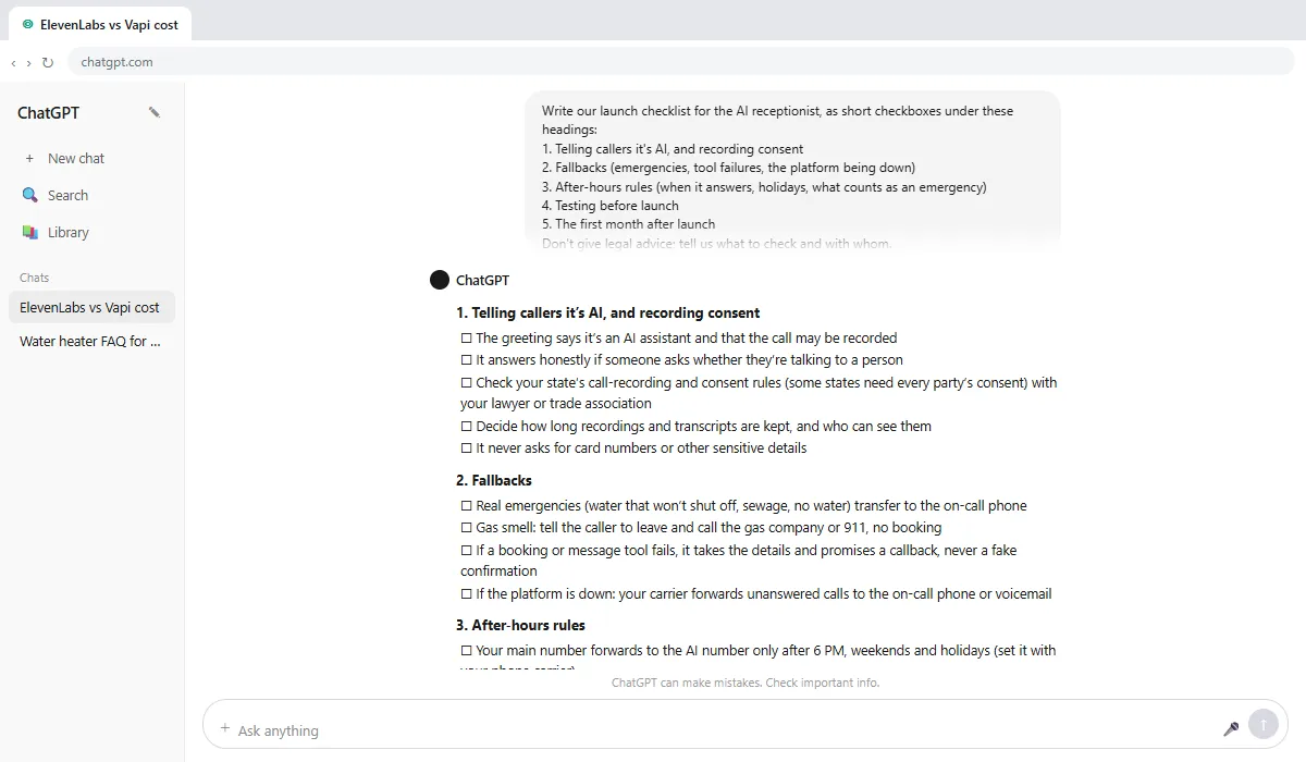 An AI receptionist launch checklist in ChatGPT covering AI disclosure and recording consent, fallbacks and after-hours rules