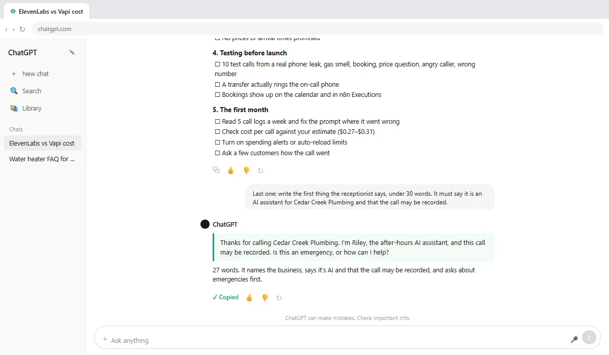 ChatGPT's 27-word greeting for the plumbing company's AI receptionist that says it is an AI assistant and the call may be recorded, marked Copied