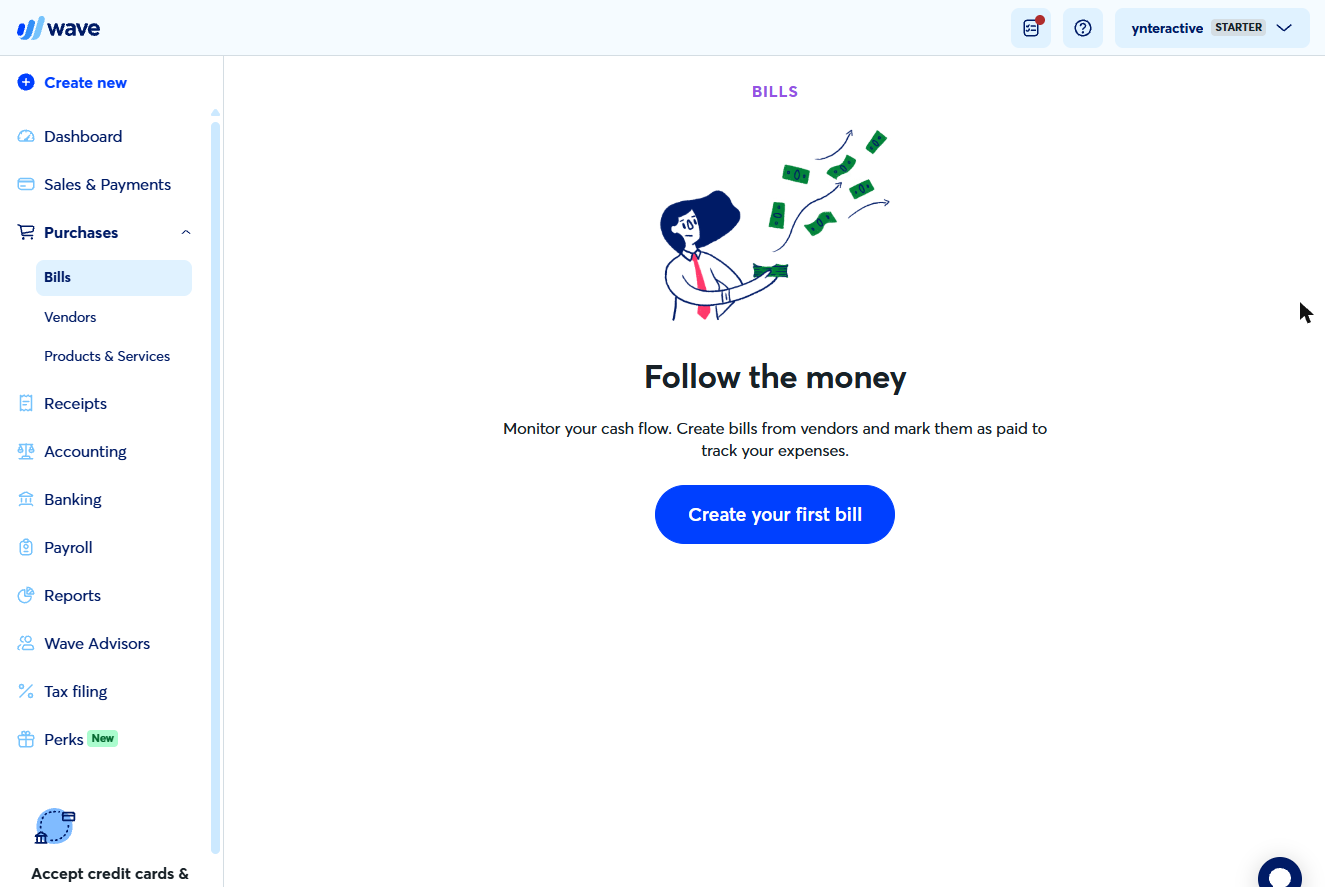 Wave Bills page with Create your first bill