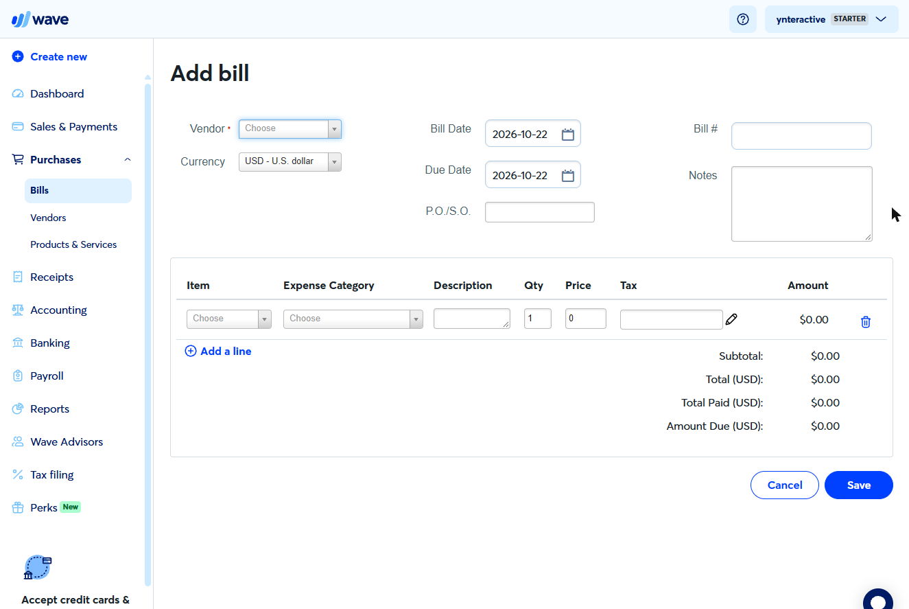 Wave Add bill form with Vendor, dates, Bill # and expense lines