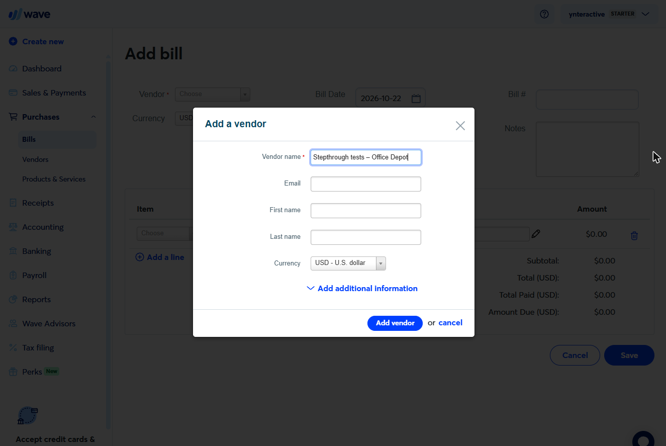 Wave Add a vendor dialog with the vendor name