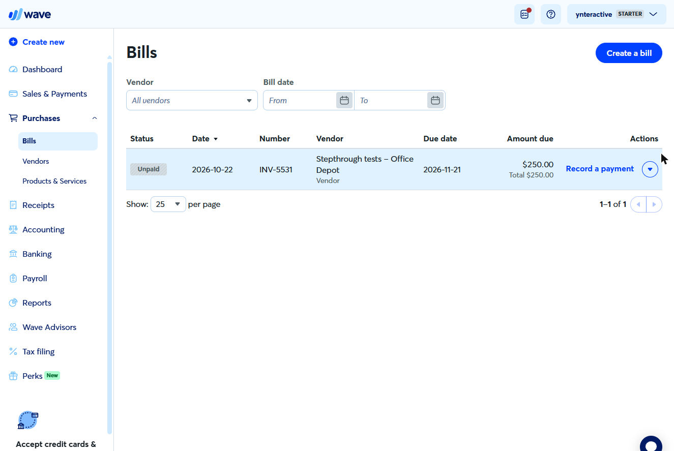 Wave Bills list with the $250 bill unpaid