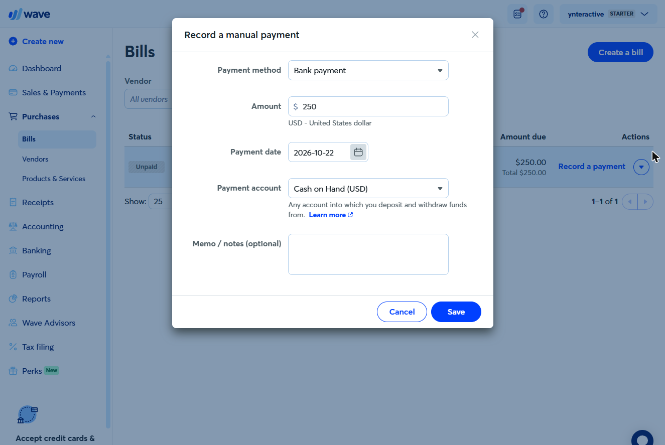 Wave Record a manual payment dialog for the bill