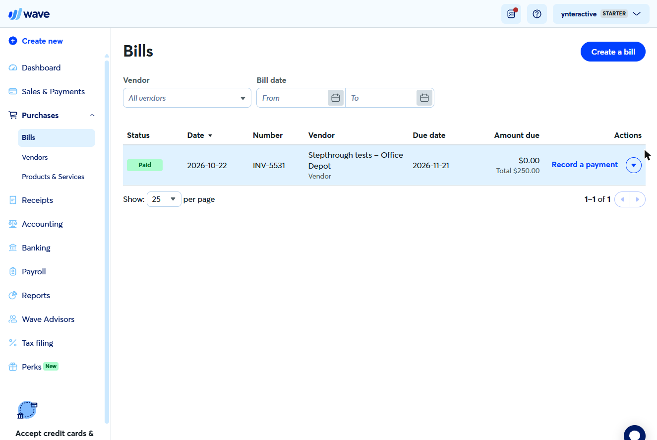 Wave Bills list with the bill paid, $0.00 due
