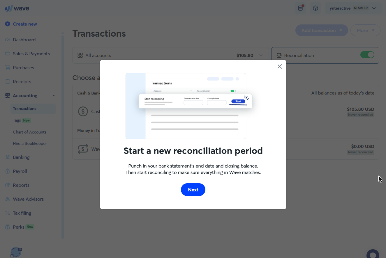 Wave Start a new reconciliation period dialog