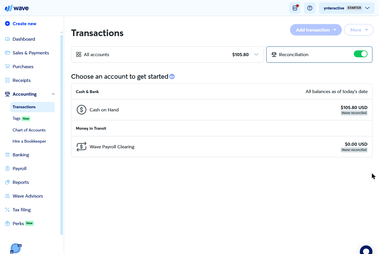 Wave reconciliation: choose an account, Cash on Hand never reconciled