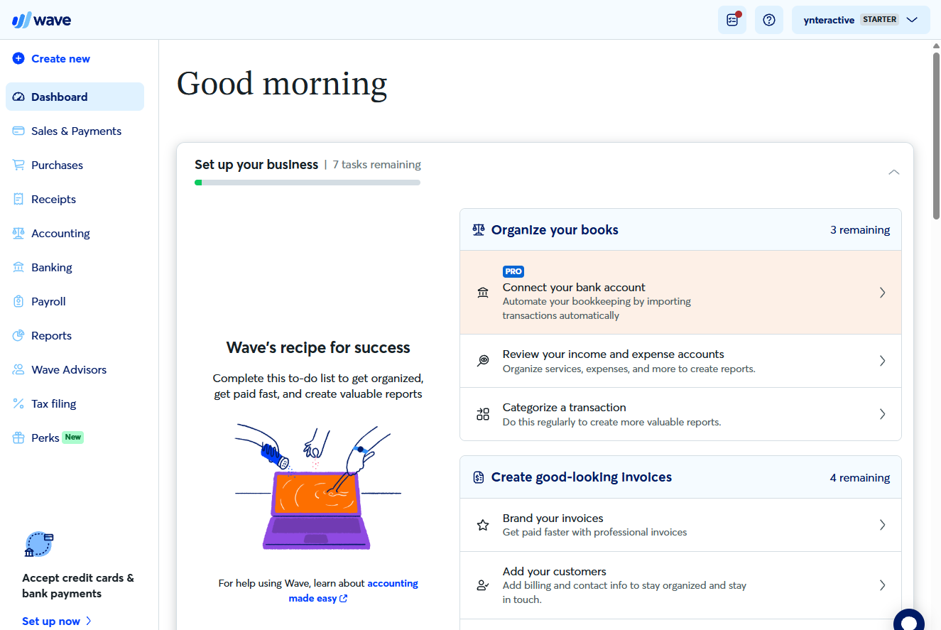 Wave dashboard on the free Starter plan with the left menu