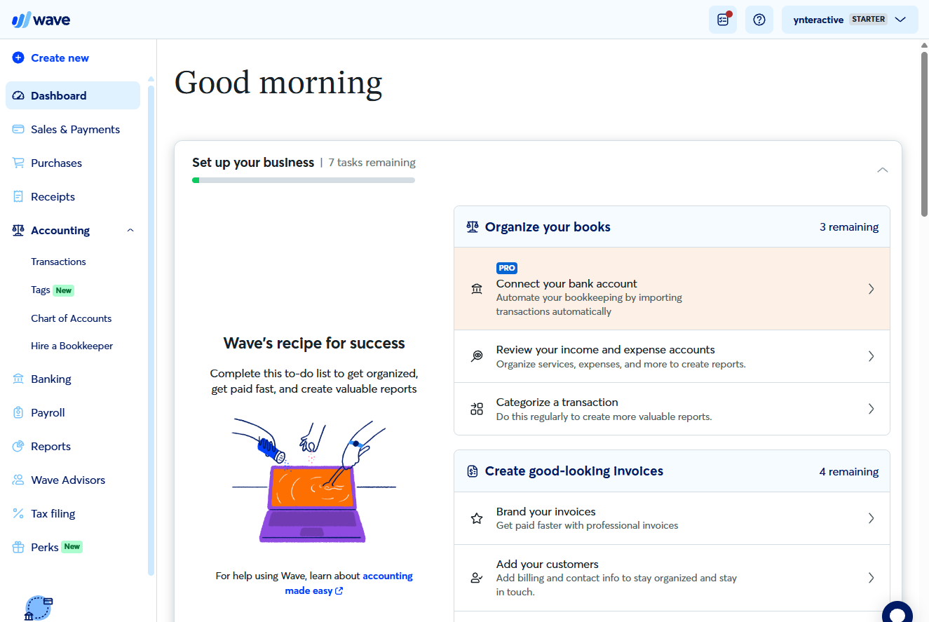Wave Accounting menu: Transactions, Tags, Chart of Accounts