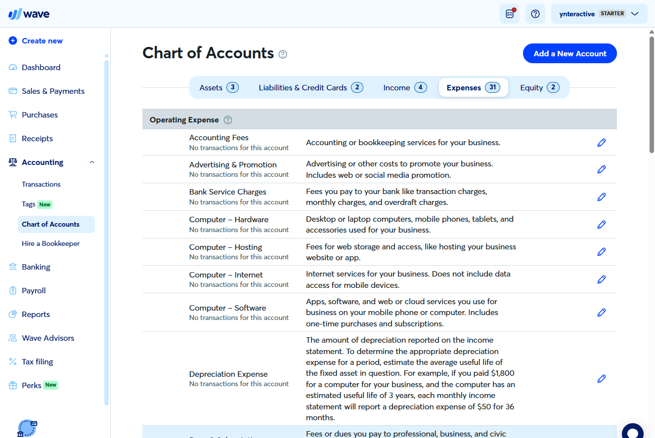 Wave expense accounts such as Accounting Fees and Office Supplies with descriptions