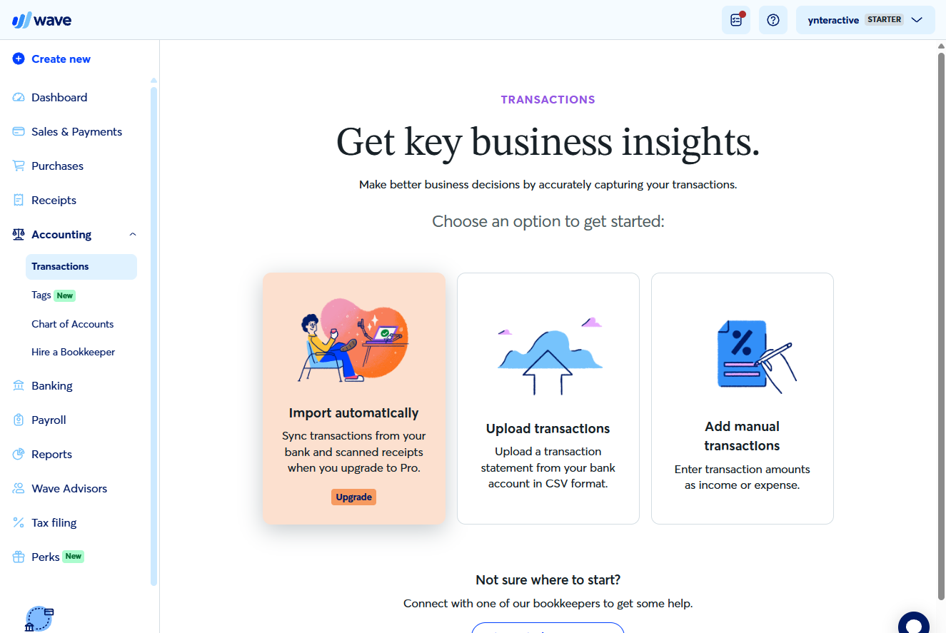 Wave Transactions start page: Import automatically (Pro), Upload transactions, Add manual transactions