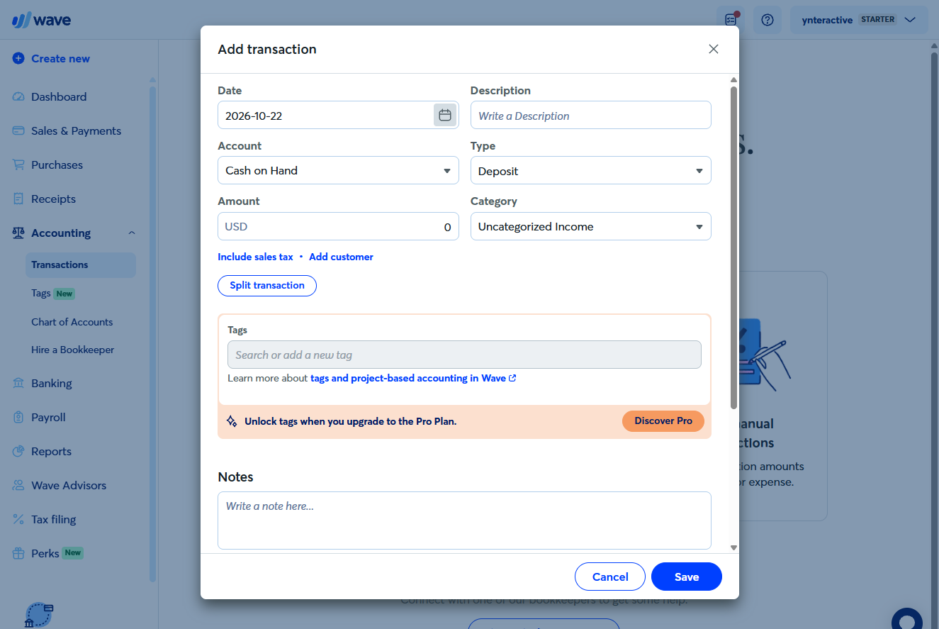 Wave Add transaction dialog with date, description, account, type, amount and category