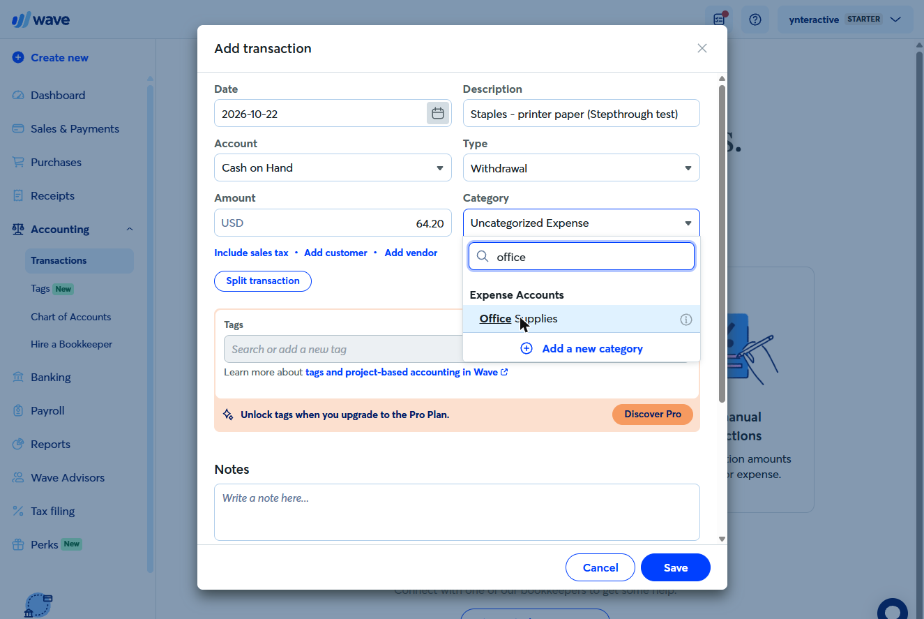 Wave category search showing Office Supplies under Expense Accounts