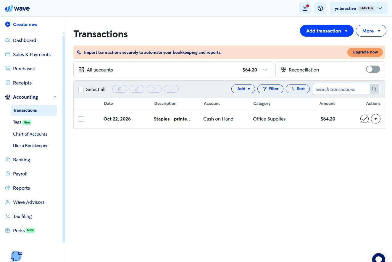 Wave Transactions list with the $64.20 Office Supplies transaction