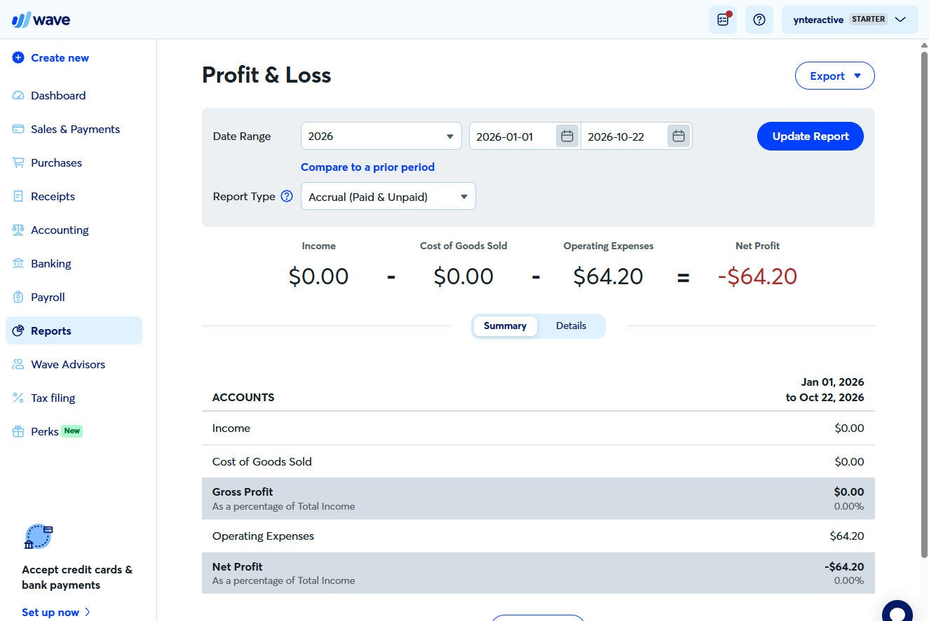 Wave Profit & Loss: operating expenses $64.20, net profit -$64.20, Report Type Accrual