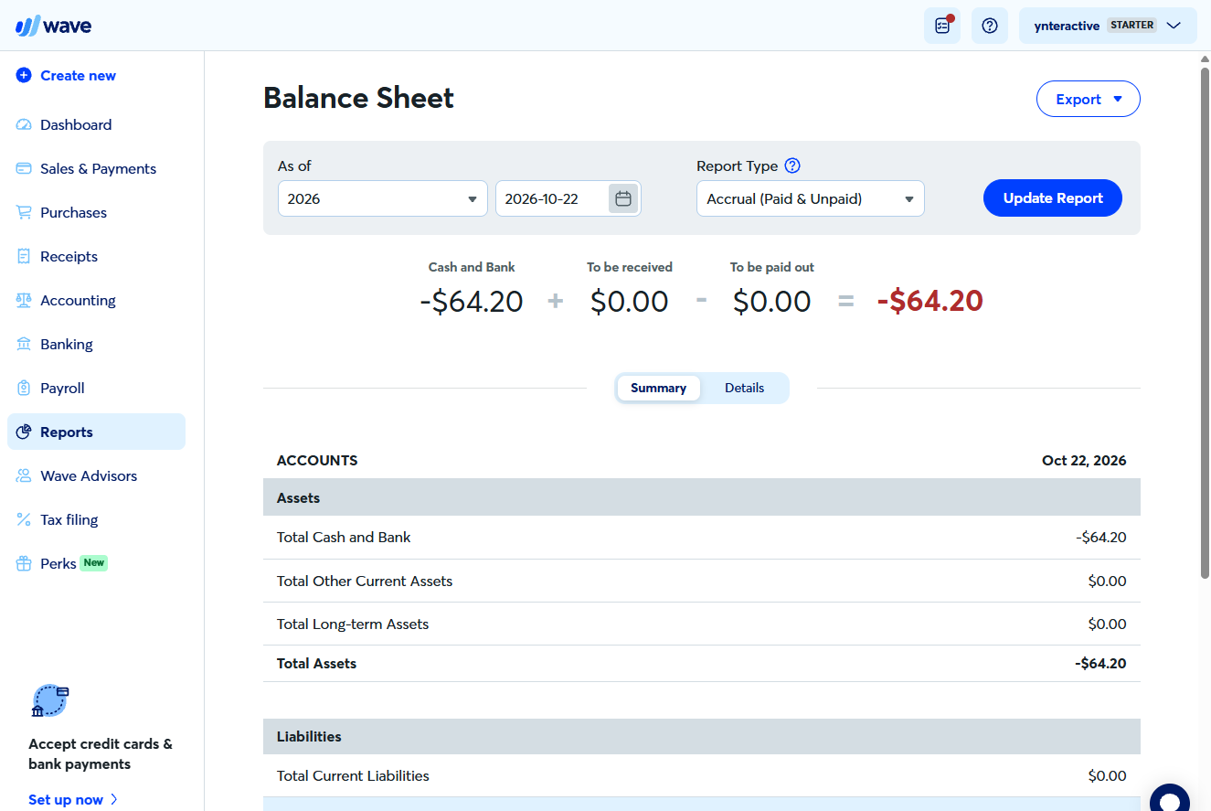 Wave Balance Sheet: cash and bank -$64.20