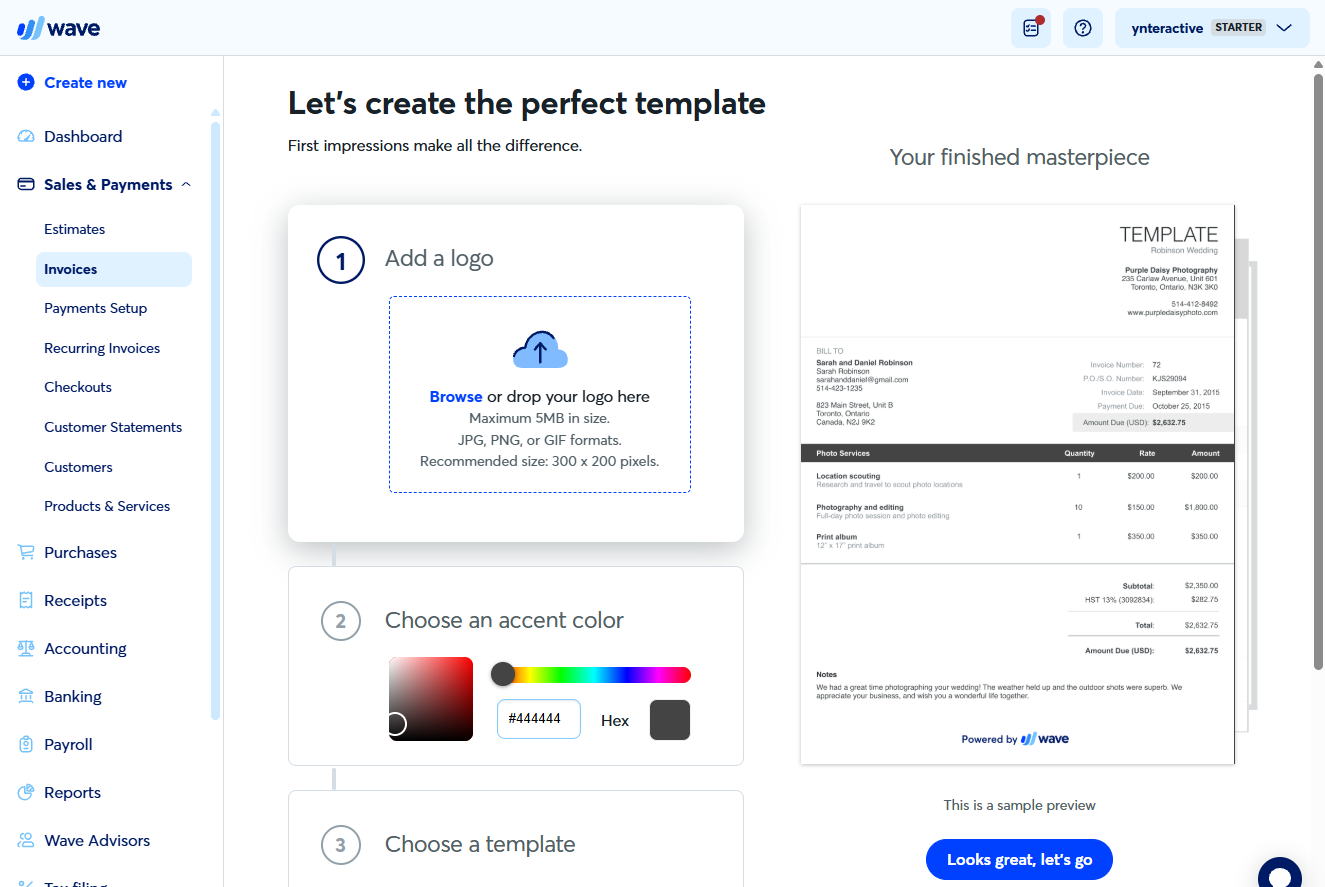 Wave invoice template setup: logo, accent color, template