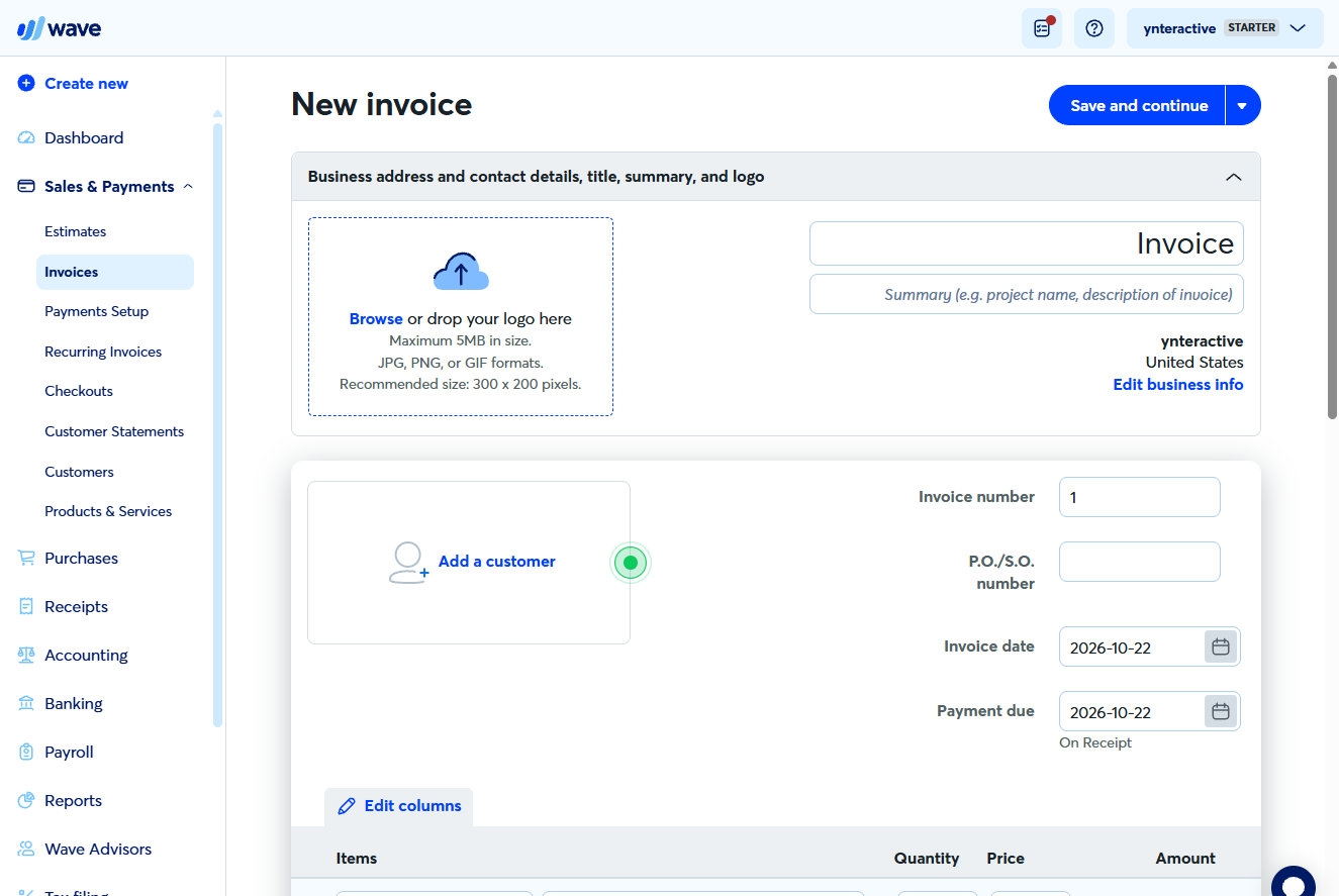 Wave New invoice form with Add a customer