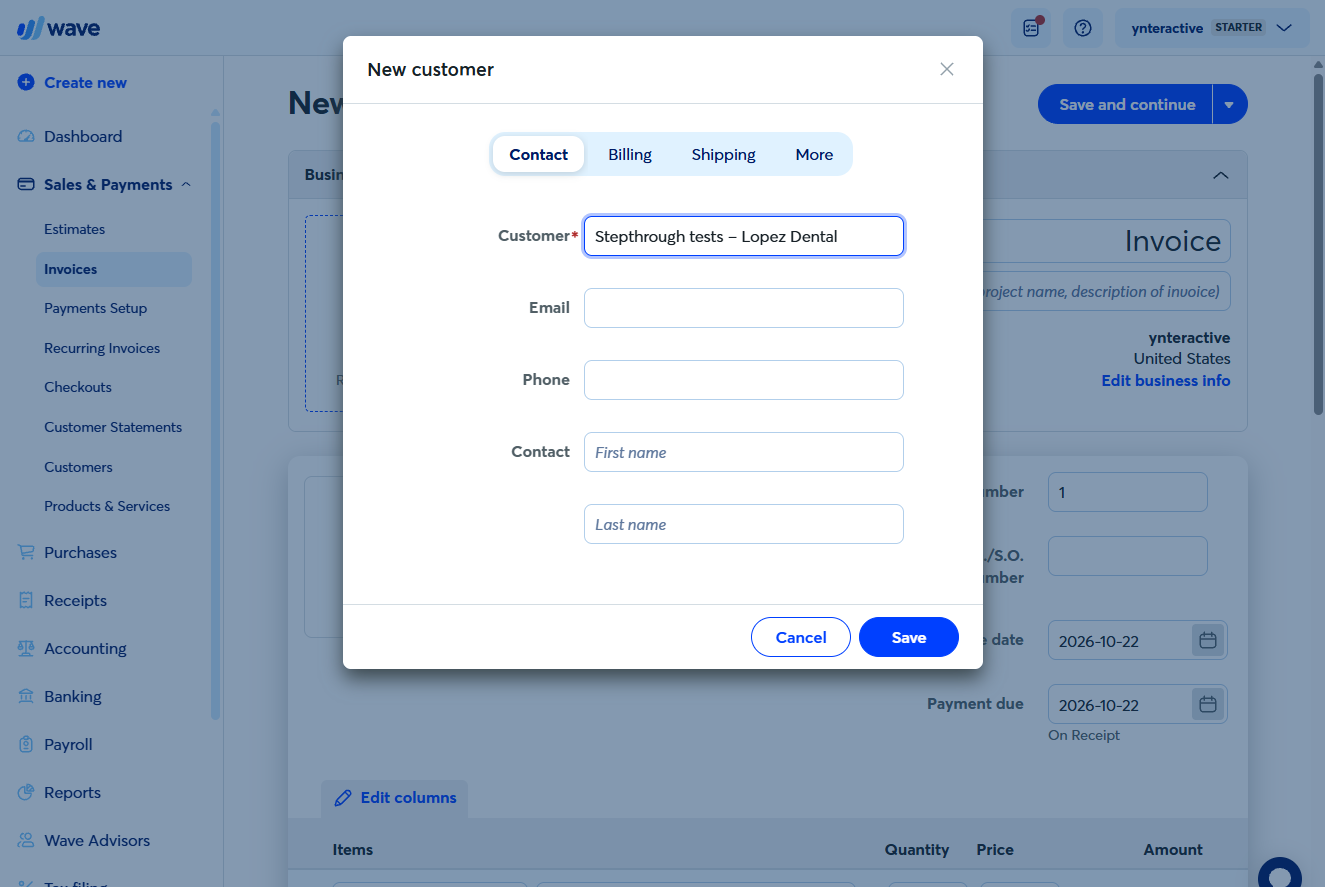 Wave New customer dialog with the customer name