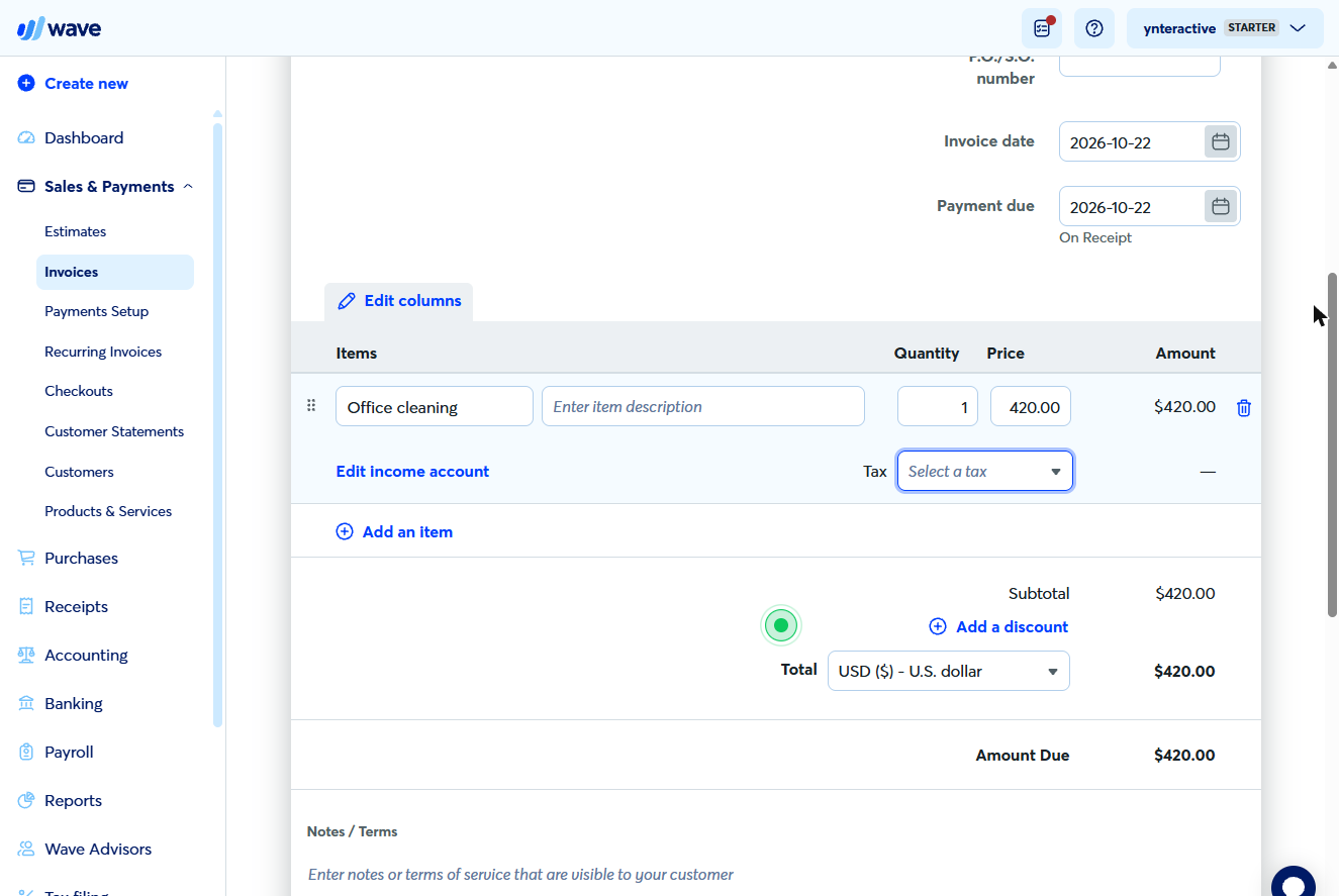 Wave invoice line: Office cleaning, 1 x $420, amount due $420.00