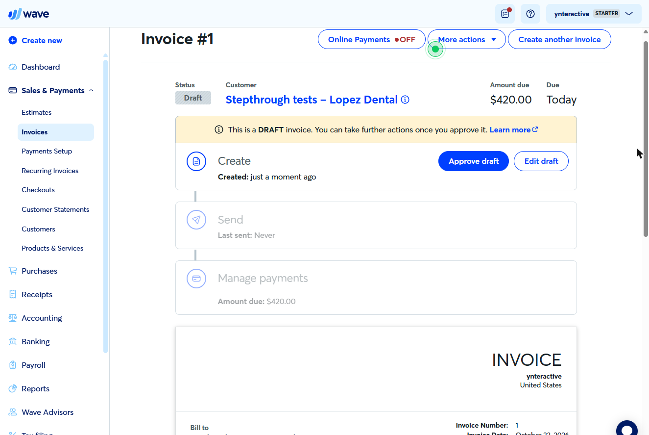Wave Invoice #1 as a draft with Approve draft