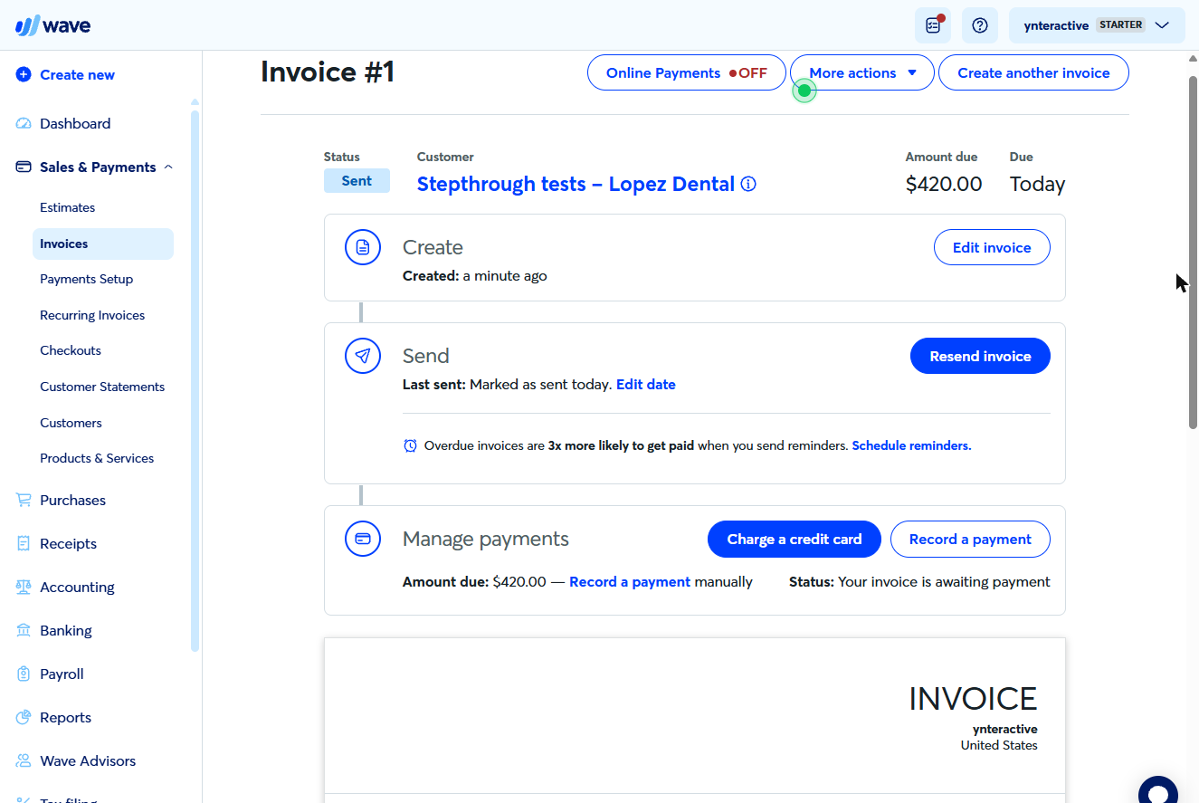 Wave Invoice #1 sent, $420 due, with Record a payment