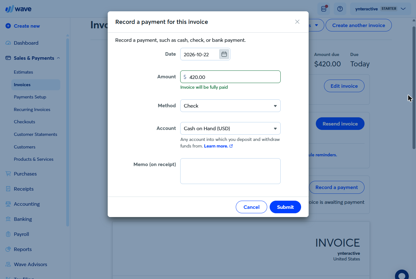 Wave Record a payment dialog: $420.00, Check, Cash on Hand