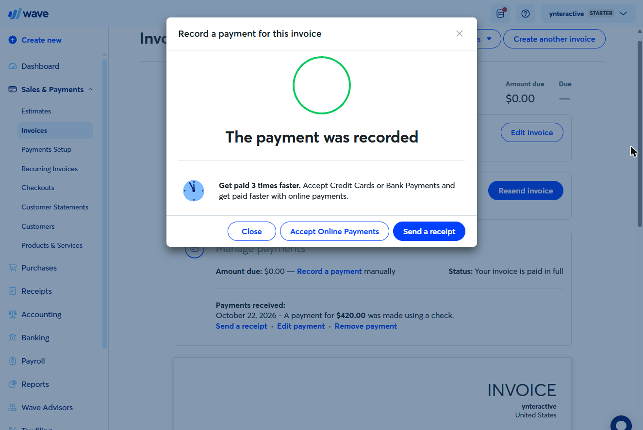 Wave: the payment was recorded, invoice paid in full