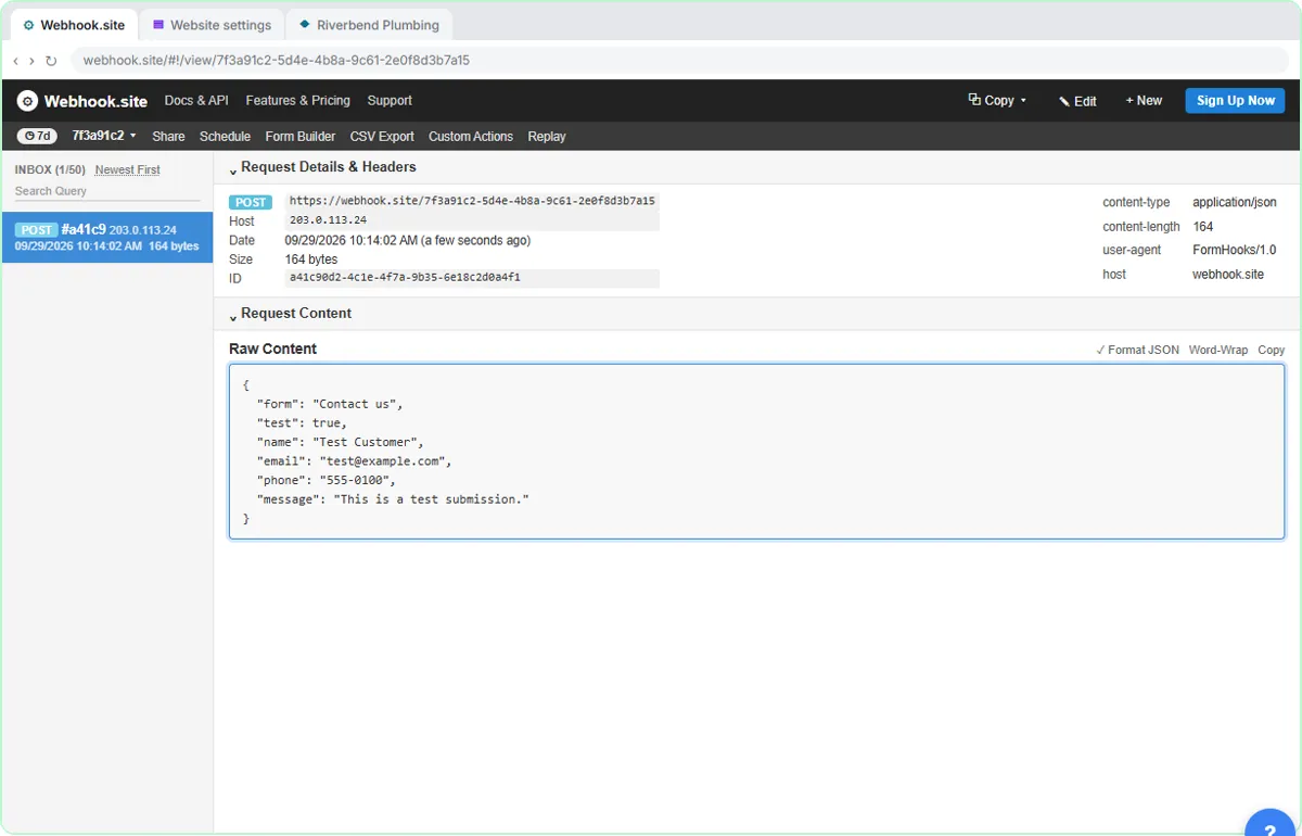 Webhook.site showing the first POST request from a website form test with its details, headers and raw JSON content