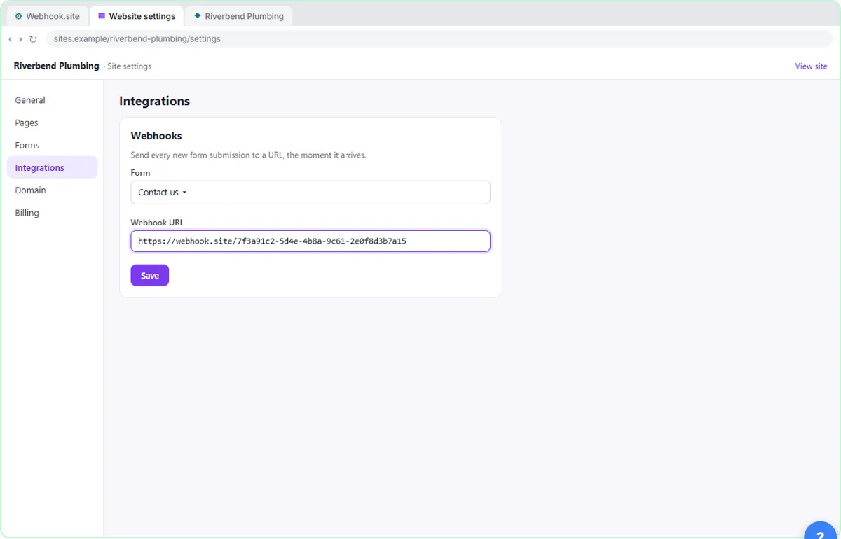 Website settings Integrations page with a Webhook URL box holding a webhook.site address and a Save button