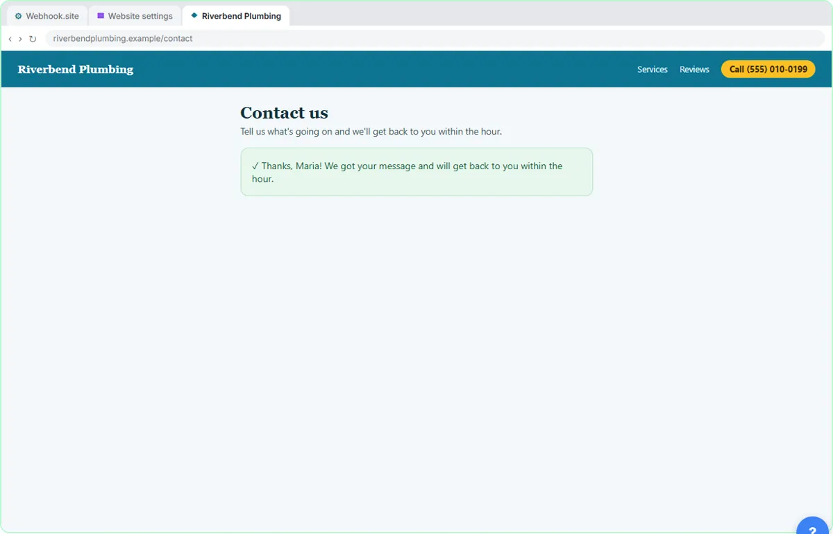 A plumbing company's Contact us page with name, email, phone and message filled in and a Send message button