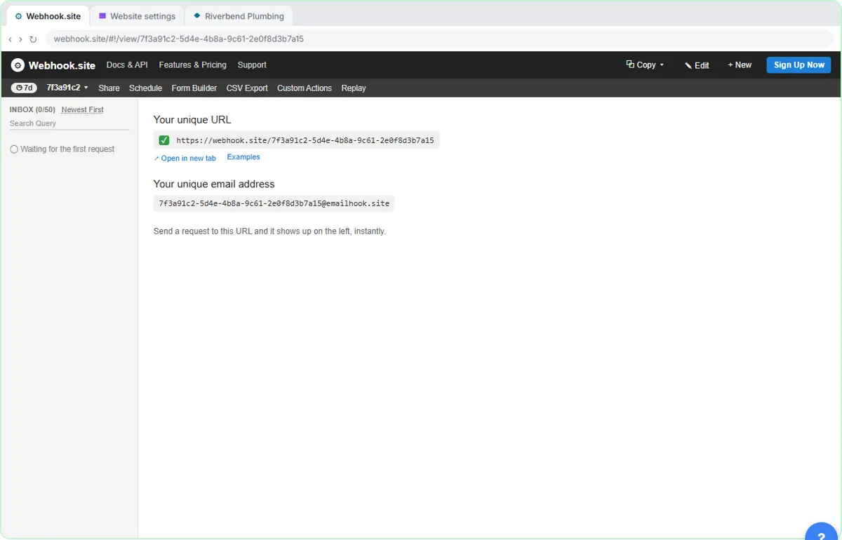 Webhook.site start page showing Your unique URL, a unique email address and an empty inbox waiting for the first request