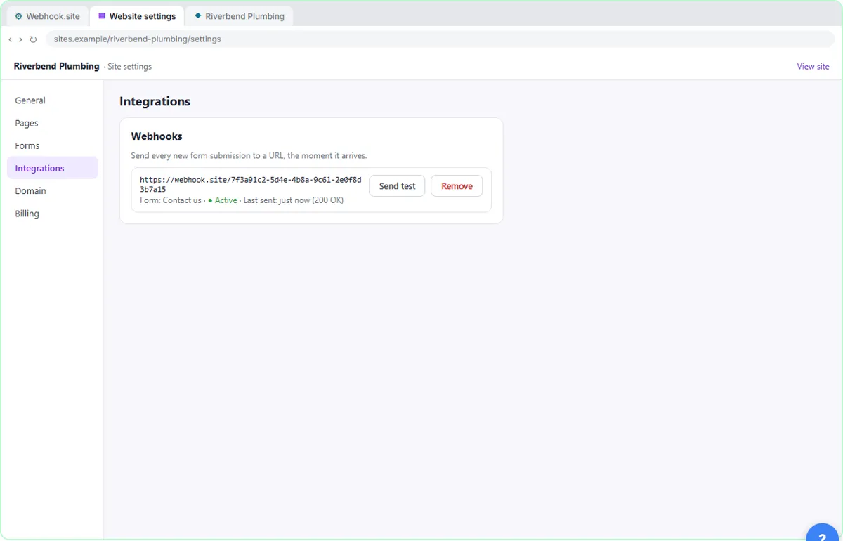 The saved webhook listed as Active with Send test and Remove buttons in the website's Integrations settings