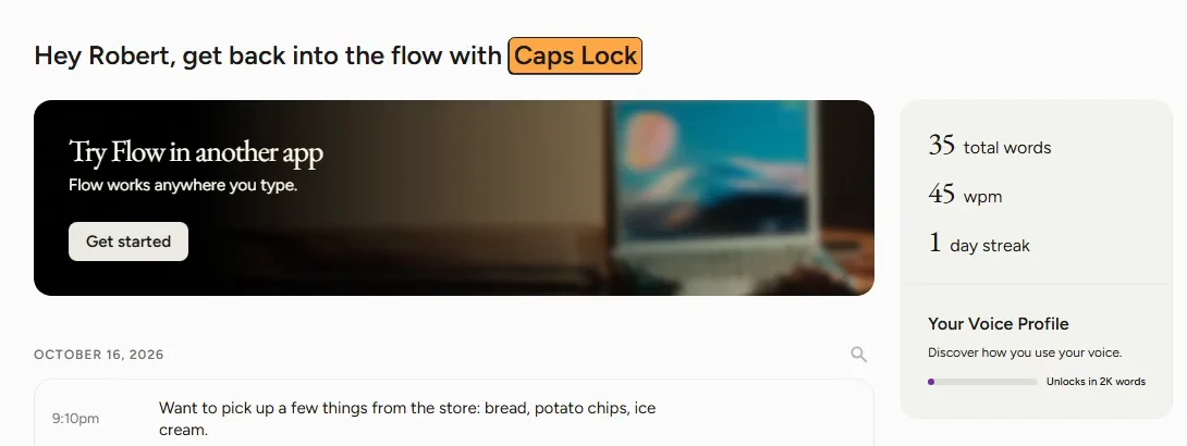 The Wispr Flow home page on Windows: Hey Robert, get back into the flow with Caps Lock, a Try Flow in another app banner with Get started, and 35 total words, 45 wpm and a 1 day streak