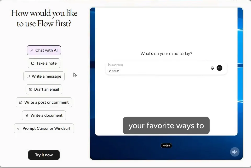 Wispr Flow asking How would you like to use Flow first? with Chat with AI, Take a note, Write a message, Draft an email, Write a post or comment, Write a document and Prompt Cursor or Windsurf, next to a demo chat box