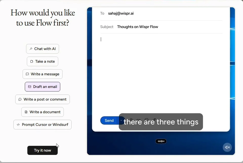 The Wispr Flow picker with Draft an email selected and a demo email window captioned there are three things