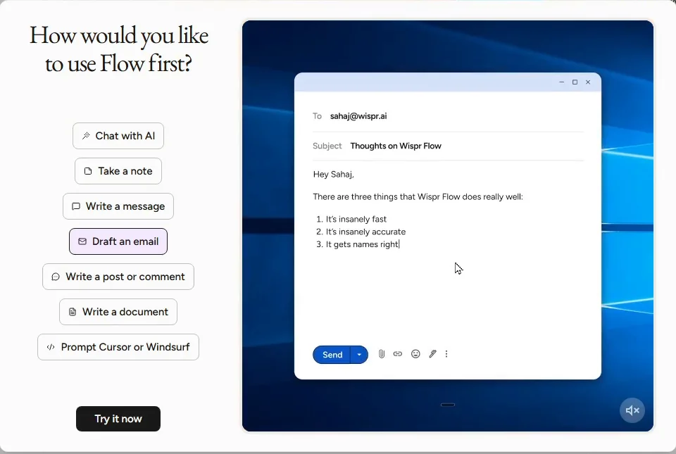 The Wispr Flow picker with Draft an email selected and its demo email listing three things Wispr Flow does well