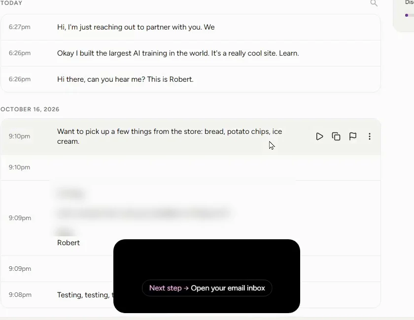 Wispr Flow showing Next step, Open your email inbox, over the dictation history