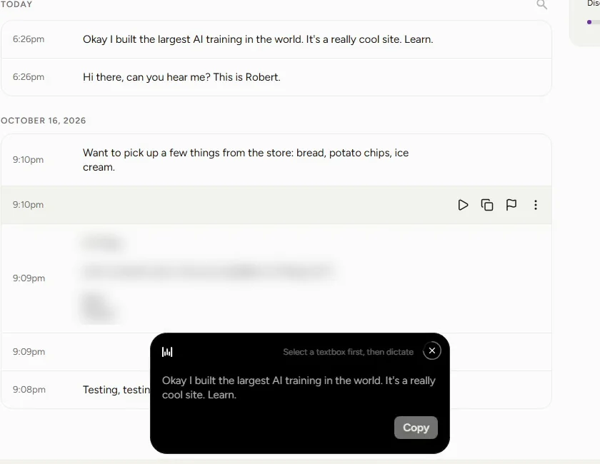 A Wispr Flow popup reading Select a textbox first, then dictate, with the dictated words and a Copy button
