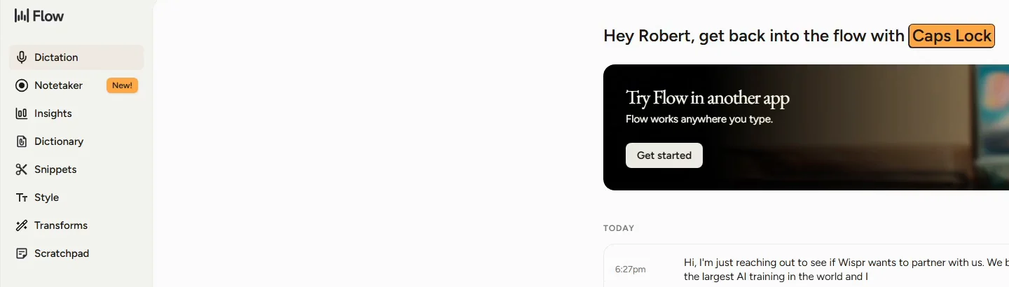 The Wispr Flow sidebar: Dictation, Notetaker, Insights, Dictionary, Snippets, Style, Transforms and Scratchpad