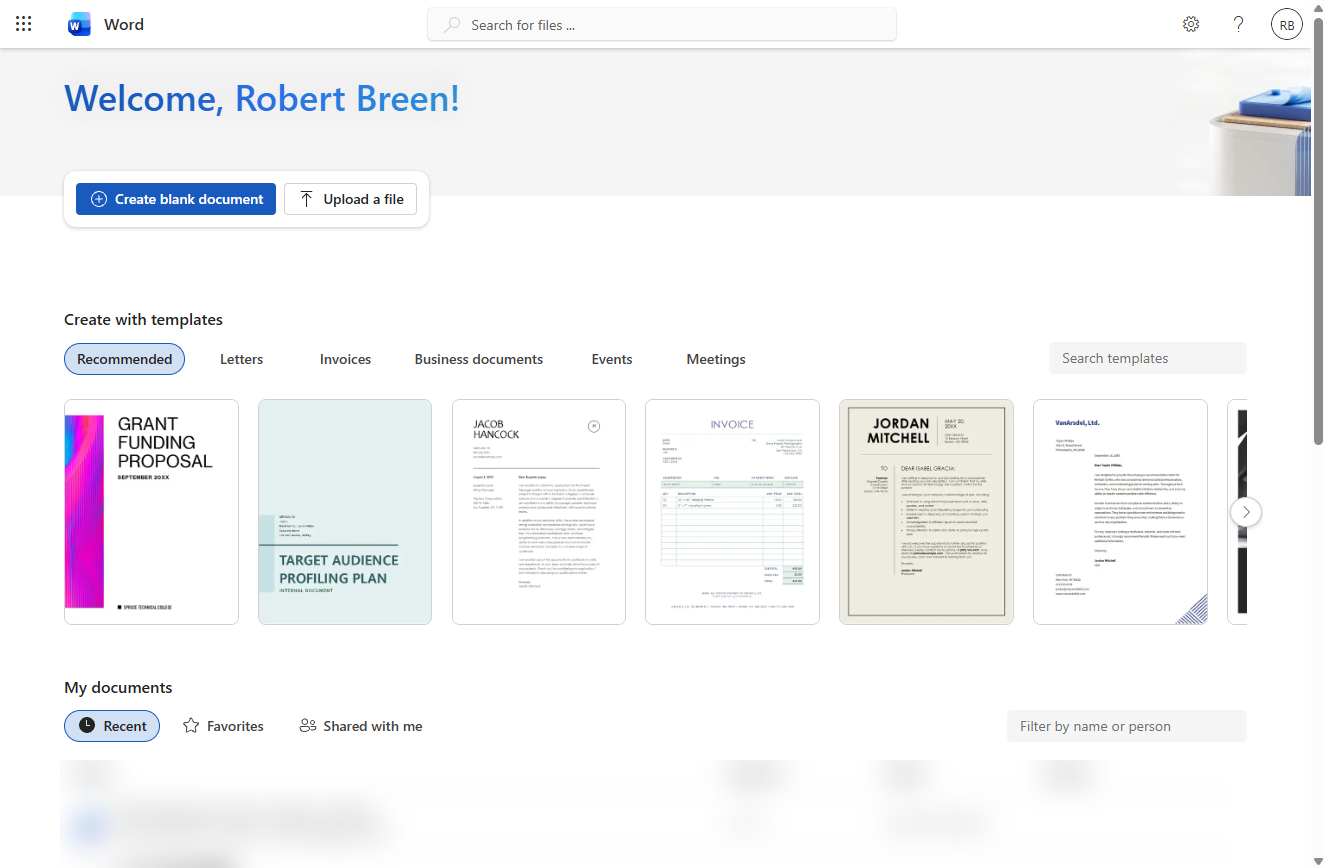 Word for the web start page with Create blank document and templates