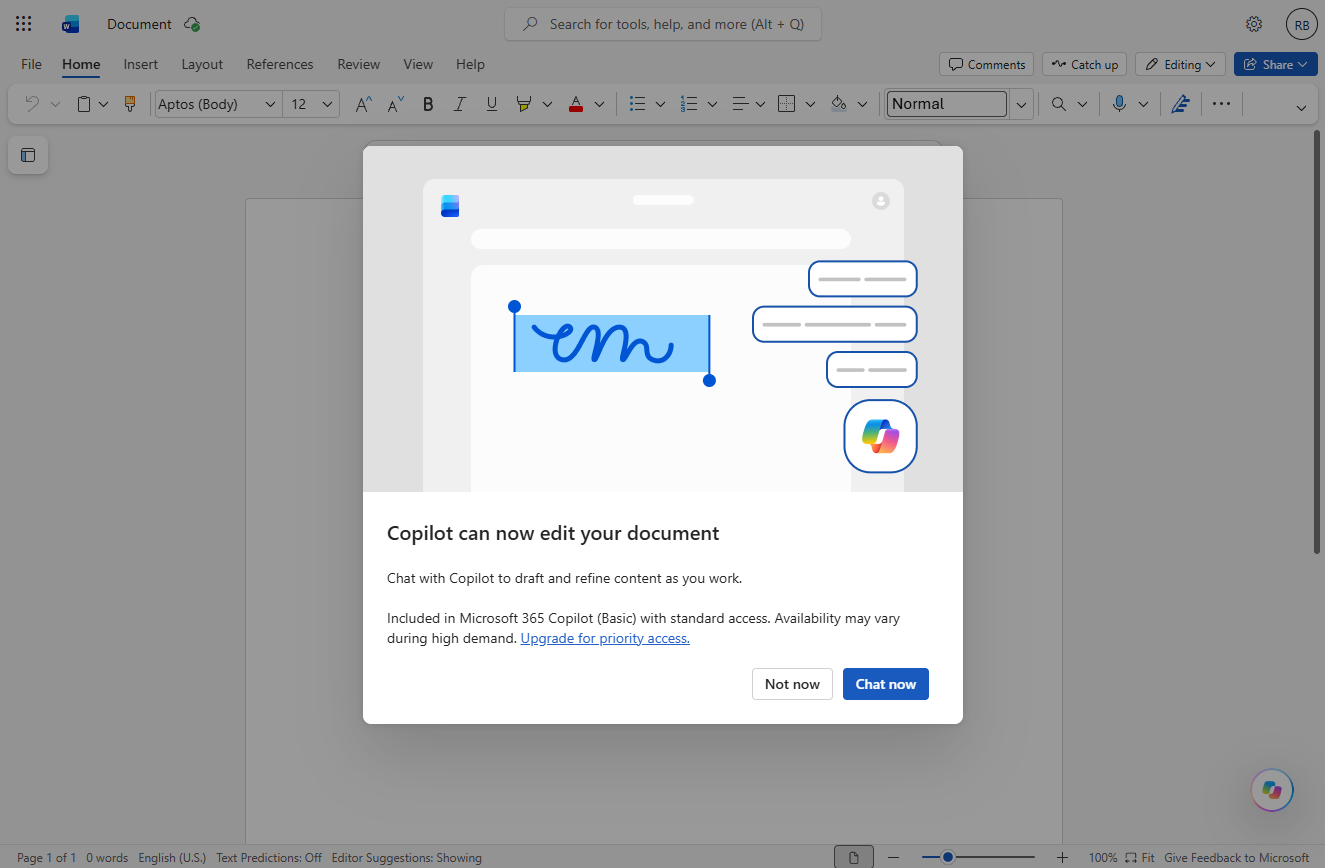 Word for the web box: Copilot can now edit your document, with Not now and Chat now