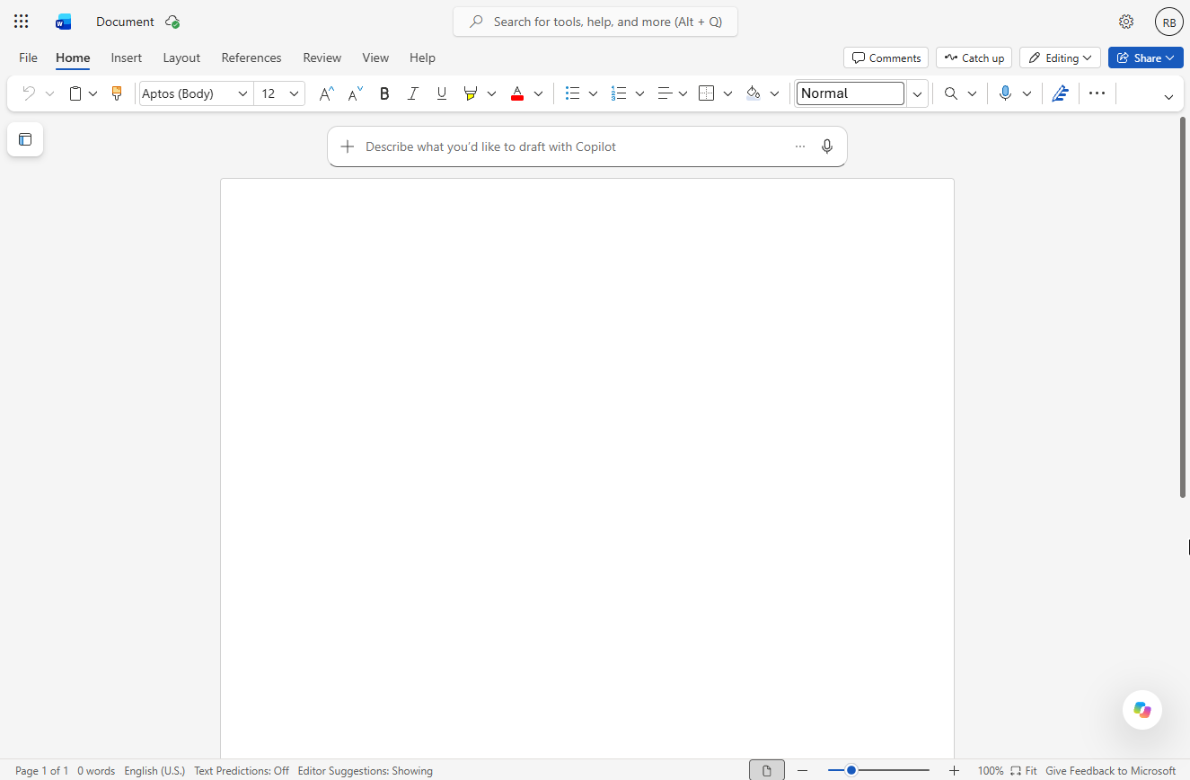 A new blank document in Word for the web named Document