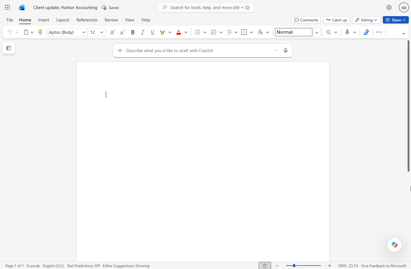 An empty Word for the web document renamed Client update, Harbor Accounting
