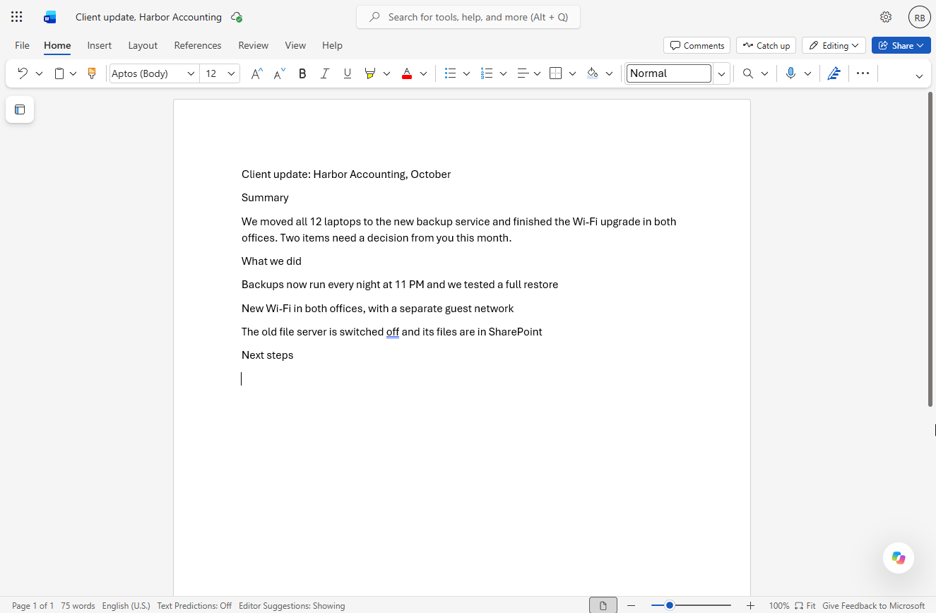 Rough meeting notes in Word for the web, all in the Normal style